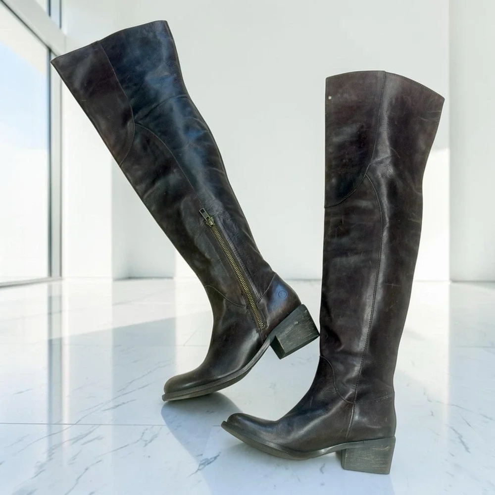 Vintage Y2K Bronx Brown Leather Knee High Zip Boots Eu 36 5.5-6 US